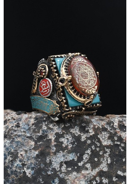 Özel Tasarım Mineli Hz. Süleyman Mührü ve Kelime-İ Tevhid ve Allah ve Muhammed Yazılı Gümüş Erkek Yüzüğü 901626