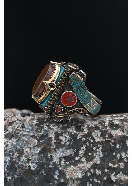 Özel Tasarım Mineli Hz. Süleyman Mührü ve Kelime-İ Tevhid ve Allah ve Muhammed Yazılı Gümüş Erkek Yüzüğü 901626 fiyatları