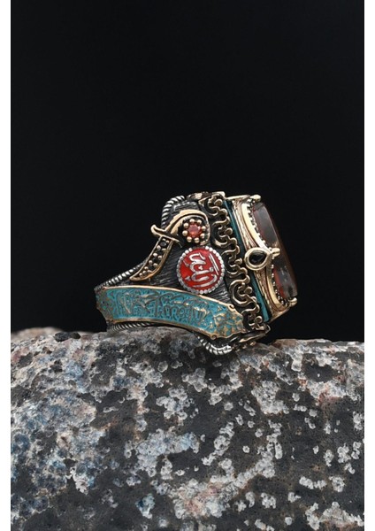 Özel Tasarım Mineli Hz. Süleyman Mührü ve Kelime-İ Tevhid ve Allah ve Muhammed Yazılı Gümüş Erkek Yüzüğü 901626 modelleri