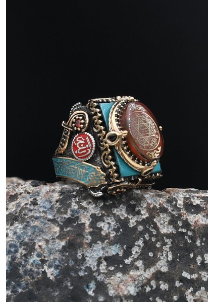 Özel Tasarım Mineli Hz. Süleyman Mührü ve Kelime-İ Tevhid ve Allah ve Muhammed Yazılı Gümüş Erkek Yüzüğü 901626 fırsatları