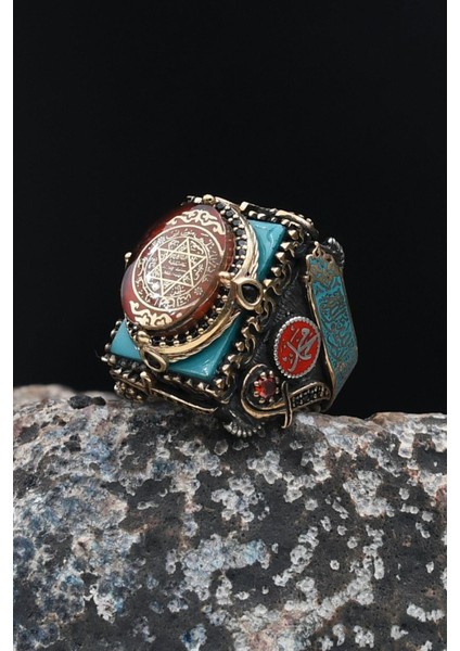 Özel Tasarım Mineli Hz. Süleyman Mührü ve Kelime-İ Tevhid ve Allah ve Muhammed Yazılı Gümüş Erkek Yüzüğü 901626 indirimleri