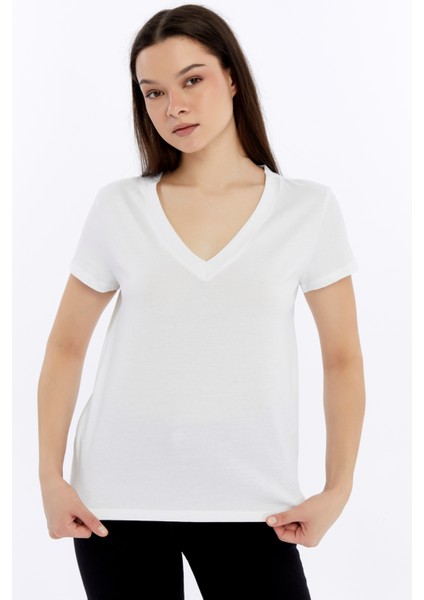 Kadın T-Shirt V Yaka Kısa Kollu