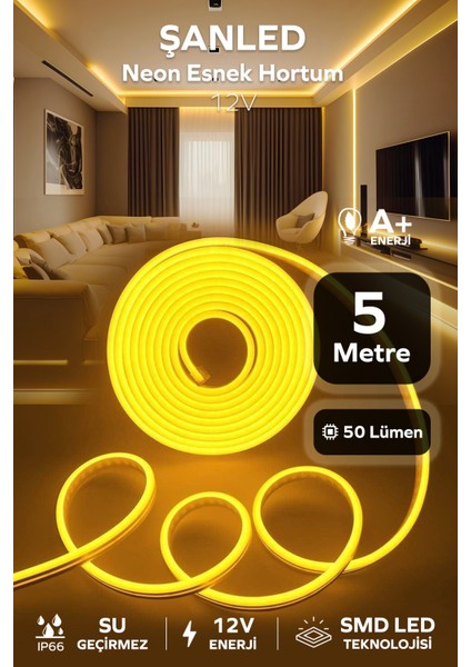 12VOLT Neon Esnek Hortum LED Beyaz ,gün Işığı,amber,mavi,kırmızı,yeşil Işık 5 Metre-Trafosuz