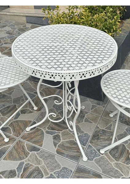 Ferforje Katlanır Masa Balkon Masası, Bahçe Masası Çap 60CM Beyaz