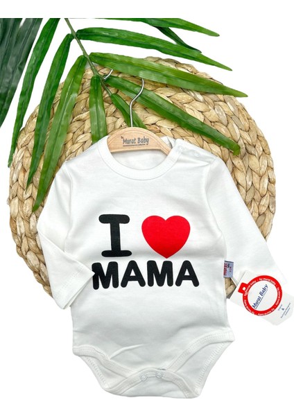 Unisex I Love Mama Yazılı Pamuklu Uzun Kollu Zıbın