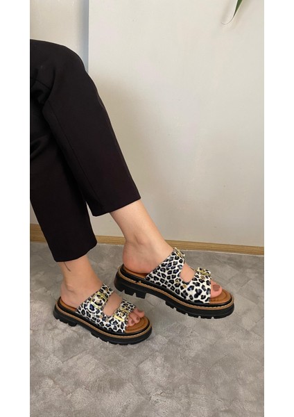 Kadın Firida Beyaz Leopar Çift Bantlı Kapsül Detaylı Kalın Taban Ortopedik Sandalet Terlik K-100 fiyatları