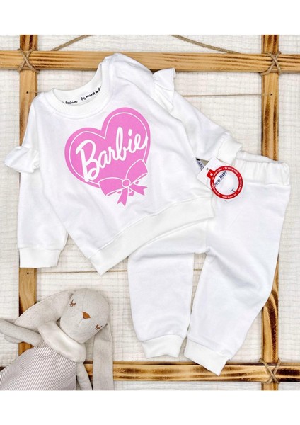 Kız Bebek Barbie Baskılı Fırfır Detaylı Pamuklu Beyaz Alt Üst Takım