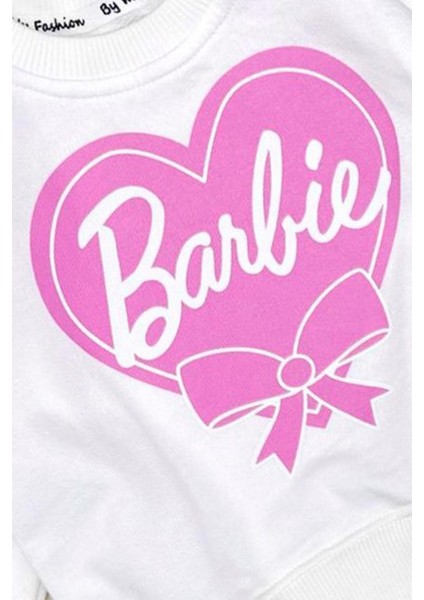 Kız Bebek Barbie Baskılı Fırfır Detaylı Pamuklu Beyaz Alt Üst Takım