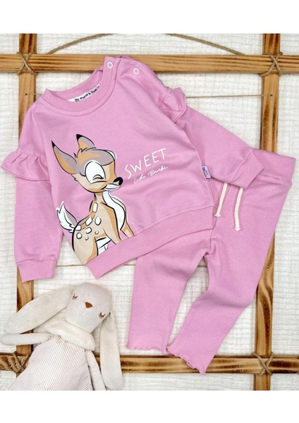 Kız Bebek Sevimli Geyik Desenli Pembe Alt Üst Takımı