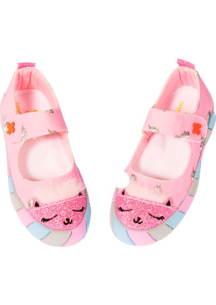 Pembe Kedi Kanvas 3D Kız Çocuk Babet