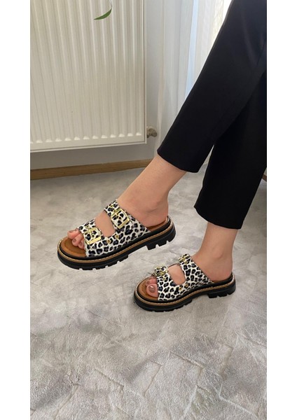 Kadın Firida Beyaz Leopar Çift Bantlı Kapsül Detaylı Kalın Taban Ortopedik Sandalet Terlik K-100 modelleri