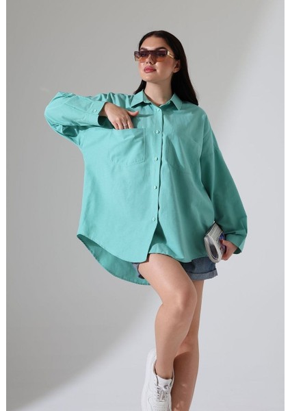 Mor Poplin Kumaş Çift Cepli Oversize Pamuklu Kadın Tunik Gömlek