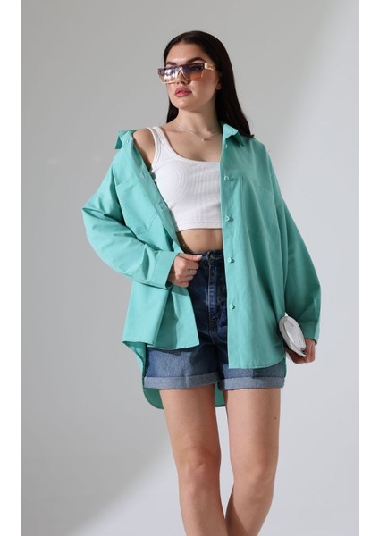Mor Poplin Kumaş Çift Cepli Oversize Pamuklu Kadın Tunik Gömlek