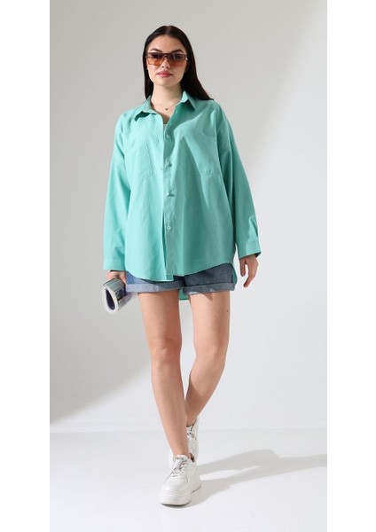 Mor Poplin Kumaş Çift Cepli Oversize Pamuklu Kadın Tunik Gömlek