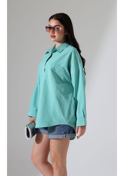 Mor Poplin Kumaş Çift Cepli Oversize Pamuklu Kadın Tunik Gömlek