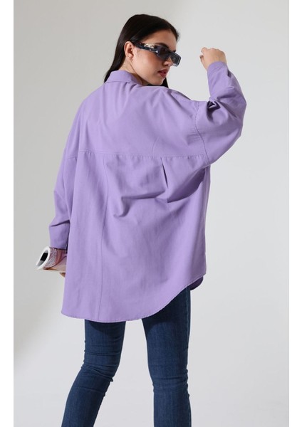 Mor Poplin Kumaş Çift Cepli Oversize Pamuklu Kadın Tunik Gömlek