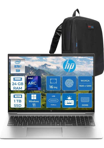 Elitebook 860 G11 Wolfpro Intel ULTRA7-155H 24 GB Ddr5 1tb SSD 16'' Wuxga Windows 11 Pro Taşınabilir Bilgisayar 9970P1ETW06+ZETTAÇANTA