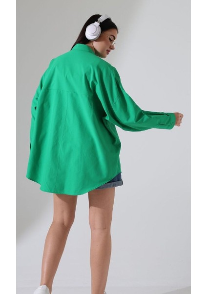Mor Poplin Kumaş Çift Cepli Oversize Pamuklu Kadın Tunik Gömlek