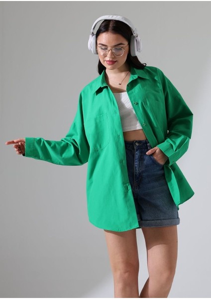 Mor Poplin Kumaş Çift Cepli Oversize Pamuklu Kadın Tunik Gömlek