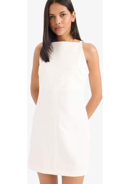 Kayık Yaka Basic Düz Kolsuz Mini Beyaz Yazlık Elbise modelleri