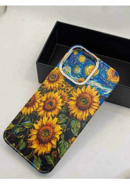 Apple iPhone 15 Pro Max Özel Yağlı Boya Ayçiçeği Tasarımlı Lüks Silikon Kılıf