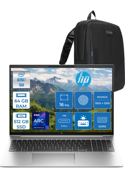 Elitebook 860 G11 Wolfpro Intel ULTRA7-155H 64 GB Ddr5 512 GB SSD 16'' Wuxga Freedos Taşınabilir Bilgisayar 9970P1ET21+ZETTAÇANTA