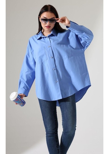 Mor Poplin Kumaş Çift Cepli Oversize Pamuklu Kadın Tunik Gömlek