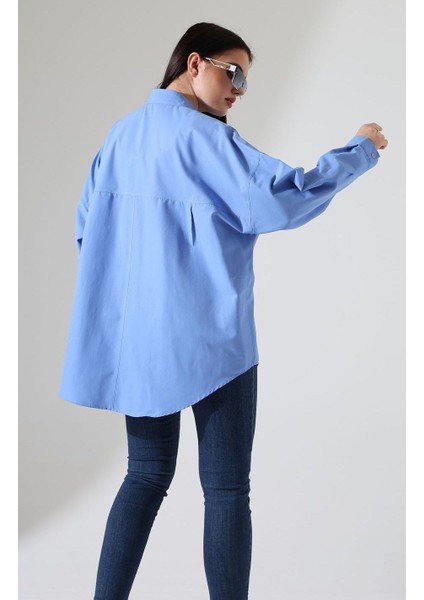 Mor Poplin Kumaş Çift Cepli Oversize Pamuklu Kadın Tunik Gömlek
