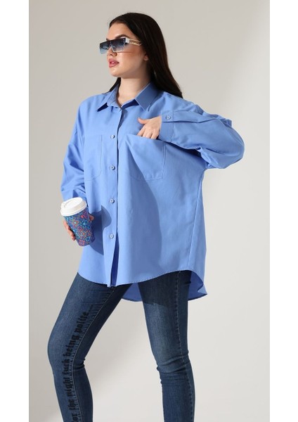 Mor Poplin Kumaş Çift Cepli Oversize Pamuklu Kadın Tunik Gömlek