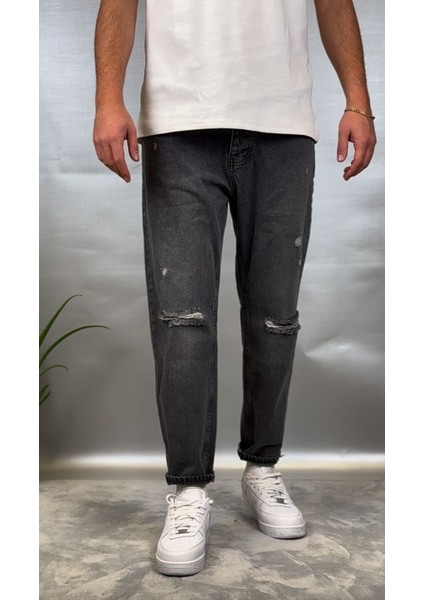 Antrasit Diz Yırtık Boyfriend Jean