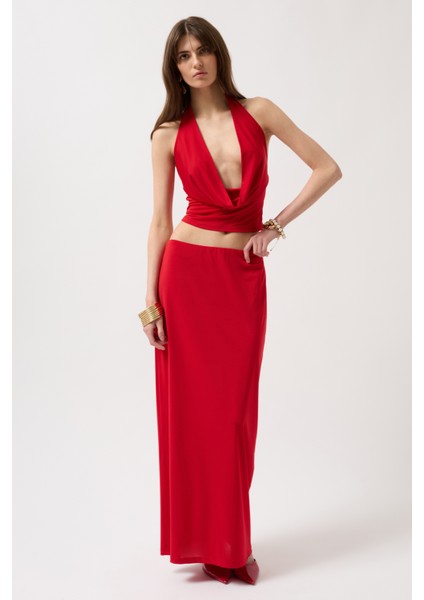 Degaje Yaka Crop Kırmızı Bluz fiyatları