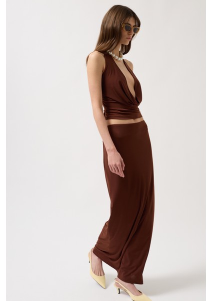 Degaje Yaka Crop Kahverengi Bluz modelleri