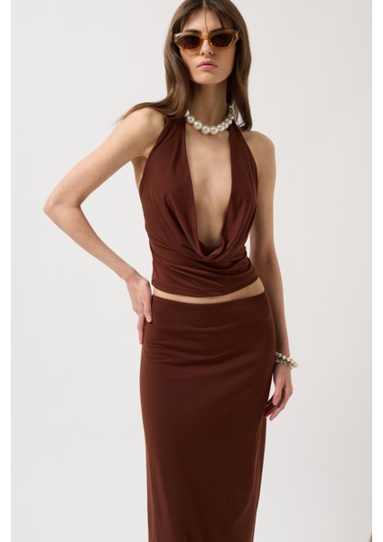 Degaje Yaka Crop Kahverengi Bluz fırsatları