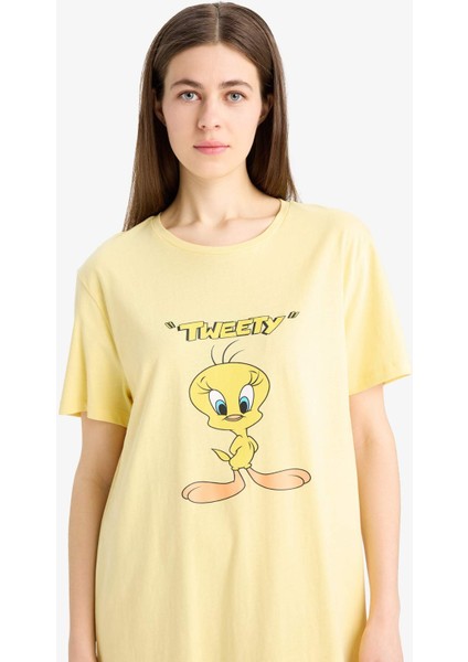 Looney Tunes Bisiklet Yaka Kısa Kollu Gecelik-Fall in Love E4320AX25SM