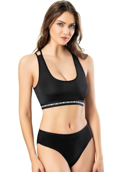 6397 Kadın Ön Kısım Geniş Askılı Arka Kısım Çift Ip Askılı Spor Crop Top Pedli Büstiyer Siyah