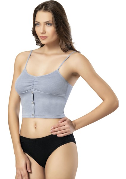 6441 Modelli Düğme Detaylı Classıc Style Ip Askılı Kadın Pedli Crop Büstiyer Mavi Gri