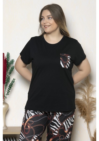 Büyük Beden Siyah Renkli Zincir Desenli Kısa Kollu Battal Pijama Takımı B-25