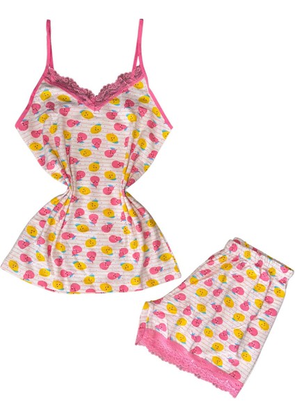 7100-8 Kadın Askılı Desenli Şortlu Pijama Takımı - Konforlu Ev Iç Giyimi