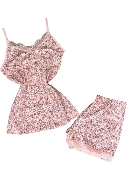 7100-5 Kadın Askılı Desenli Şortlu Pijama Takımı - Konforlu Ev Iç Giyimi