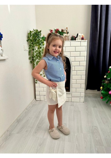 Mavi Dikey Çizgili Pamuk ve Keten Kız Çocuk Etek Görünüm Şortlu Alt Üst Takım