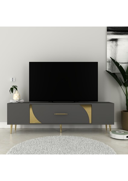 Şeki Tv Sehpası Tv Ünitesi Antrasit Altın