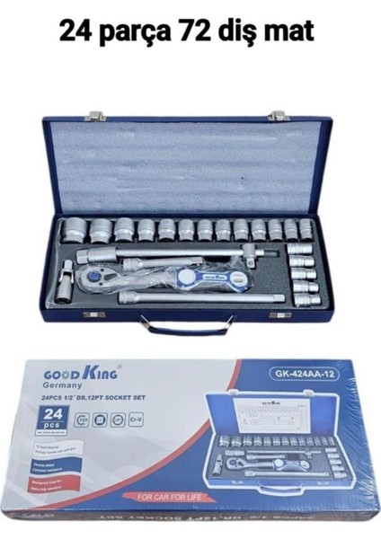 Goodking 24 Parça Lokma Takımı – 1/2" 72 Diş Cırcır Kol – Metal Kutu – Krom Vanadyum