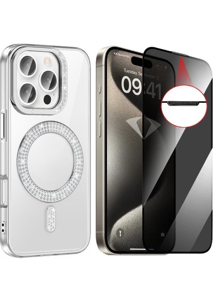 Apple iPhone 14 Pro Max Kılıf Pırlanta Taş Tasarımlı Magsafe Şarj Özellikli Zore Karetta Silikon Kapak + Hayalet Ekran Koruyucu