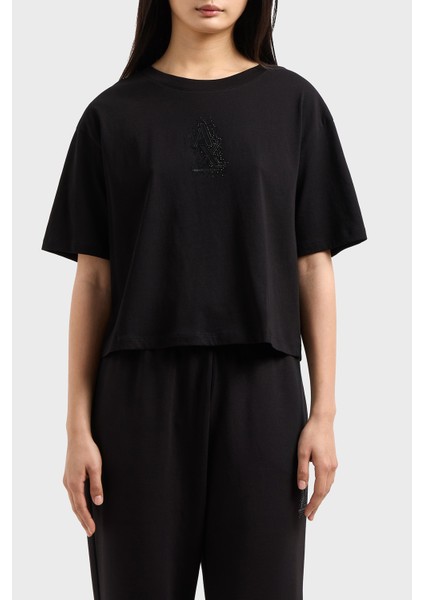 Armani Exchage Pamuk Cropped Fit Bisiklet Yaka Taşlı Logolu T Shirt Bayan T Shirt XW000102 AF10359 UC001