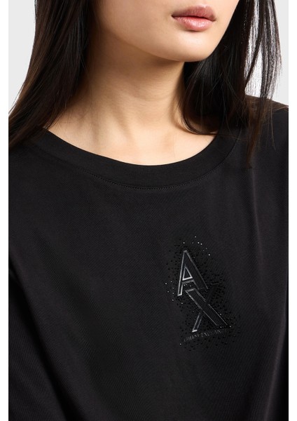 Armani Exchage Pamuk Cropped Fit Bisiklet Yaka Taşlı Logolu T Shirt Bayan T Shirt XW000102 AF10359 UC001 fırsatları