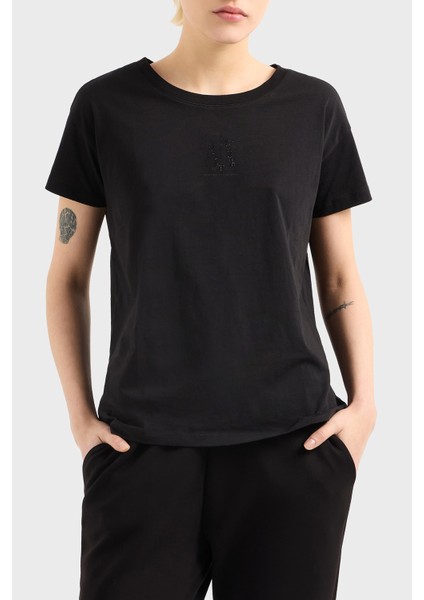 Logolu Taşlı Pamuk Relaxed Fit Bisiklet Yaka T Shirt Bayan T Shirt XW000830 AF10356 UC001