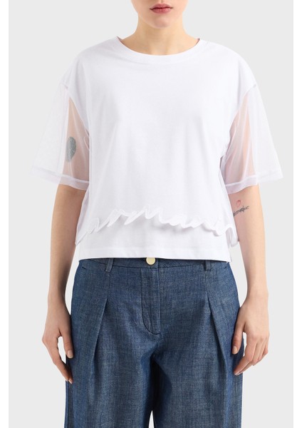 Armani Exchage Pamuk Regular Fit Tül Detaylı Crop T Shirt Bayan T Shirt XW000541 AF10359 U0002