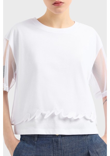 Armani Exchage Pamuk Regular Fit Tül Detaylı Crop T Shirt Bayan T Shirt XW000541 AF10359 U0002