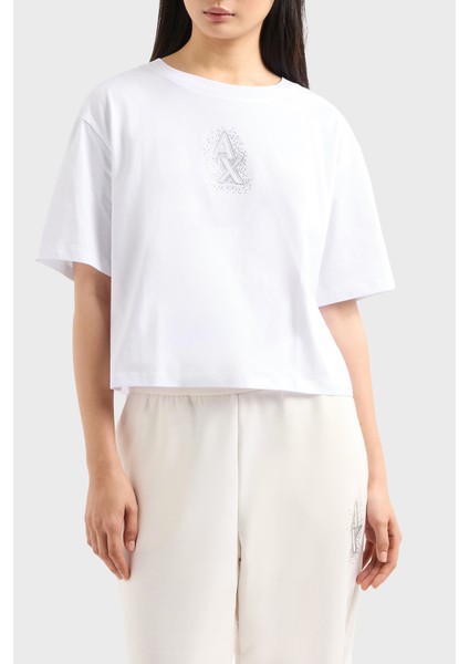 Armani Exchage Pamuk Cropped Fit Bisiklet Yaka Taşlı Logolu T Shirt Bayan T Shirt XW000102 AF10359 U0002