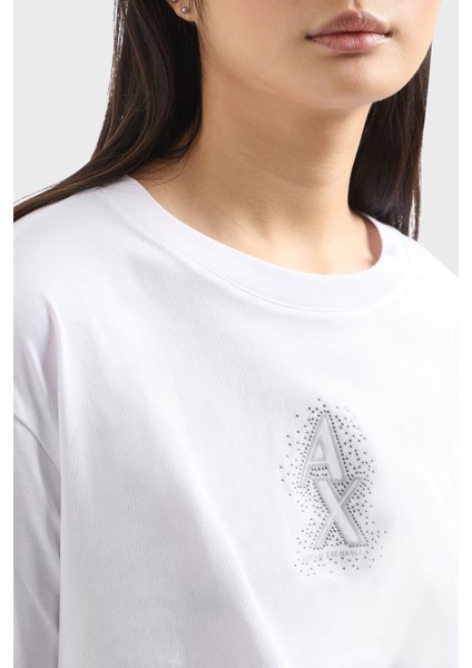 Armani Exchage Pamuk Cropped Fit Bisiklet Yaka Taşlı Logolu T Shirt Bayan T Shirt XW000102 AF10359 U0002 fırsatları